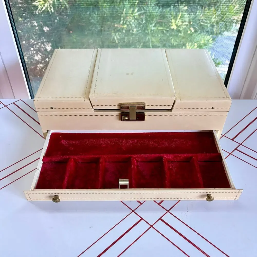 Large Vintage 1960s Cantilever Jewelry Box Red Velvet Mirror Ivory Vanity